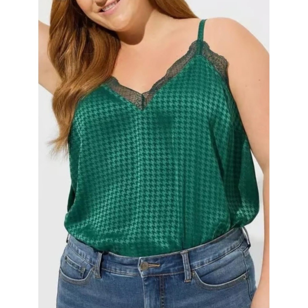 Torrid Green Houndstooth Satin Jacquard Lace Trim Cami Tank Top Plus Size 3 3X